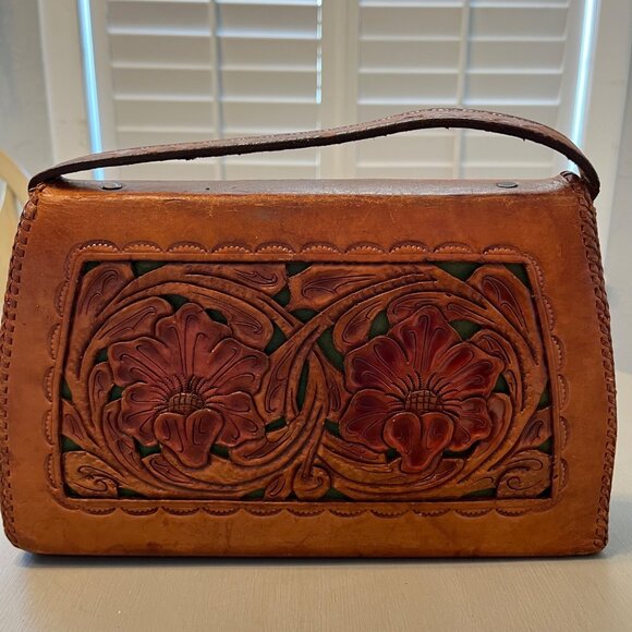 Vintage Tooled Cut Out Leather Handbag Purse Brown Green - Picture 3 of 15